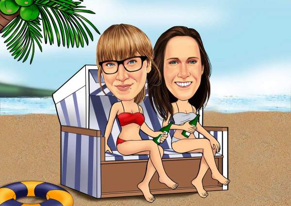 Karikatur Mutter und Tochter am Strand