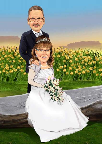 Karikatur Hochzeit im Blumenmeer