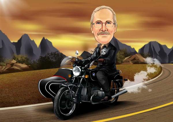 Karikatur Mit dem Motorrad im Land unterwegs