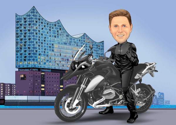 Karikatur Mit dem Motorrad in Hamburg