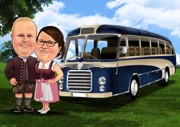 Karikatur Mit unserem Oldtimer Bus unterwegs