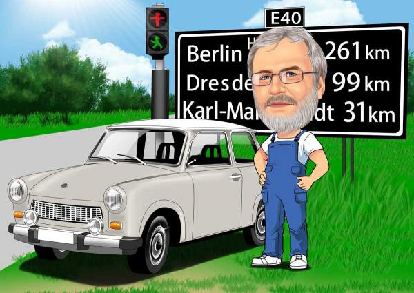 Karikatur Mit dem Trabbi unterwegs