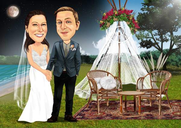 Karikatur Hochzeit im Zelt